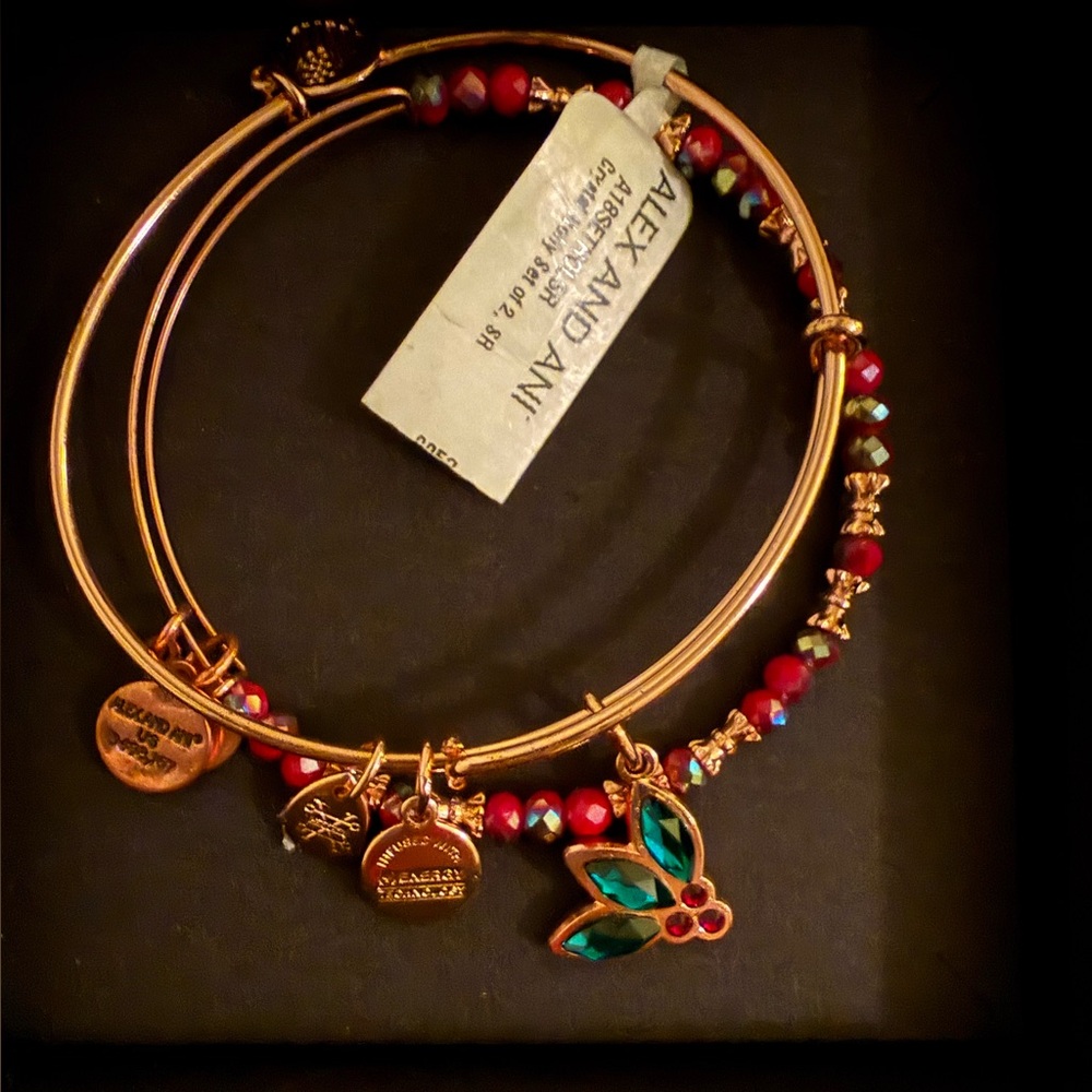 Alex and Ani Rose-gold Red and Green Swarovski Crystals Holly Bracelet Set
